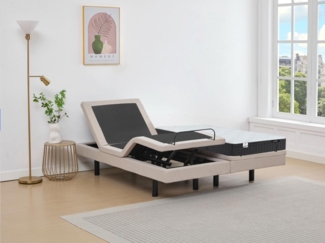 Vente-unique - Dekoratives Bett mit elektrischer Relaxfunktion + Taschenfederkern- & Memory-Schaum-Matratze - 2 x 80 x 200 cm - Stoff - Beige - RIZALI von YSMÉE