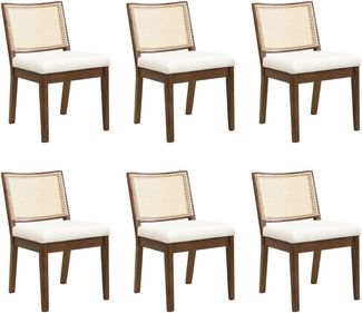 Merax Polsterstühle 6er set Esszimmerstühle aus Massivholz mit Rattan-Rückenlehnen, bequem und atmungsaktiv, geeignet für Esszimmer, Wohnzimmer, Cafés, Leinen, Nussbaum