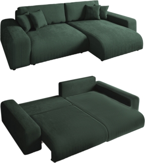ECKSOFA mit Schlaffunktion, Bettkasten, Wellenunterfederung, seitenverkehrt montierbar 255/165/84 cm, Cord in Grün