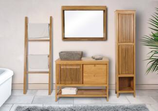 Teak-Badezimmer-Set HWC-M70, Waschtisch Hochschrank Wandspiegel Handtuchhalter Waschbecken, hochwertiges B-Grade-Teak