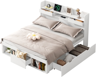 Merax Doppelbett, 180*200cm, Mit USB-port & Schubladen & Stauschrank, Kinderbett, Jugendbett, Multifunktionales Bett, Großer Stauraum, ohne Matratze, weiß