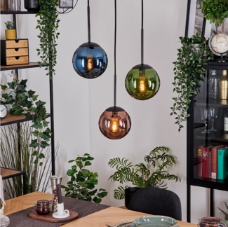 hofstein Hängeleuchte Hängelampe aus Metall/Glas in Schwarz/Blau/Grün/Kupferfarben, Hängeleuchte im Retro/Vintage-Design (Schirm Ø 15 cm), 3 x E14