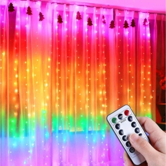 Jibenhome Lichtervorhang Rainbow LED Fensterlichtvorhang mit Fernbedienung,8 Modi Lichterkette, USB Wanddekoration 1.5x2 m/3x2.8 m, 8 Lichtmodi & 4 Musikmodi, Timer