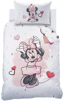 MTOnlinehandel Babybettwäsche Minnie Mouse 100x135 + 40x60 cm, 100 % Baumwolle, Biber, 2 teilig, süße Disney Minnie Maus mit vielen Herzchen in rosa, weiß & rot