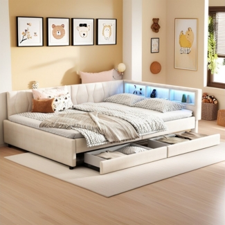 REDOM Schlafsofa Modernes Polsterbett mit LED-Beleuchtung, USB und Typ-C Ladeanschluss, Kinderbett mit Stauraum, Ohne Matratze