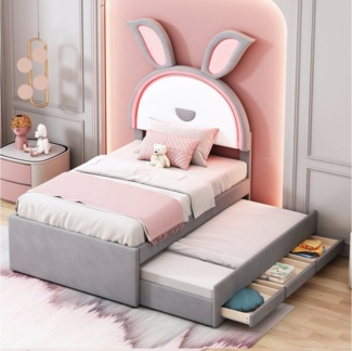 Flieks Polsterbett, LED Kinderbett 90x200cm mit Schubladen/ausziehbarem Bett 90x190cm Samt