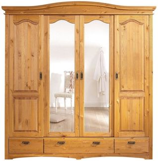 Home affaire Schiebetürenschrank Konrad, Landhausstil, rustikal, mit Schubladen + Spiegel, Kassetten massive Kiefer, FSC®-zertifiziert, Messinggriffe, mehrere Varianten