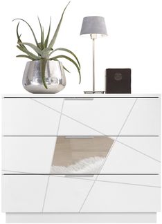 Kommode >Valeria< (BxHxT: 104x85x46 cm) Weiss Melamin mit Siebdruck und Spiegel