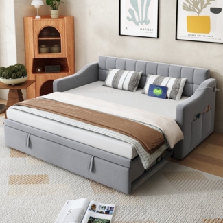 OKWISH Bett Polsterbett Ausziehbares Schlafsofa (Tagesbett Daybett 90/180 cm mit USB-Anschluss, Stauraum & Samtbezug, Platzsparendes Ausziehbett, für Wohnzimmer & Gästezimmer 90/180*190cm), ohne Matratze