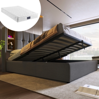 Polsterbett 160x200 cm mit kabelloser Ladestation, USB & Typ-C Anschlüssen,Kopfteil mit Ablagefächern, Baumwolle Grau,inklusive Matratze