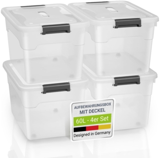 Juskys Aufbewahrungsbox mit Deckel, 4er-Set, stapelbar, Kunststoff transparent, 60 Liter