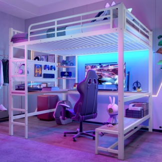Merax Hochbett, 140 x 200cm, Jugendbett Kinderbett mit Schreibtisch, Geländer, Trittleiter, mehrere Ablagen, mit usb+type-c Steckdose, mit LED Leiste, mit Lochbrett, ohne Matratze, Weiß