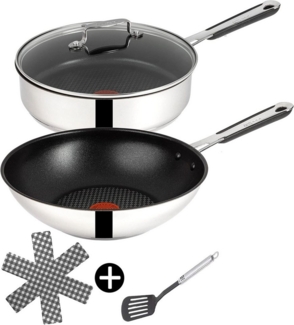 Tefal Pfannen-Set Jamie Oliver E76 Schmorpfanne mit Deckel 25cm + Wok pfanne 28cm Set8, Edelstahl 18/10 (Pfanne, Bratpfannen Set, Pfannenset, Wok, Wokpfanne, Schmorpfanne, Pfannen Inkl. 1 Wender & Filzschoner), Antihaftbeschichtet