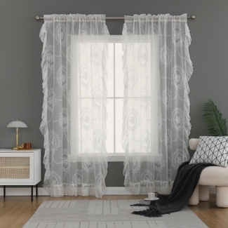 Rosnek Vorhang Transparent, Floral, Spitze Rüschen, für Wohnzimmer Schlafzimmer Deko, Stangendurchzug (2 St), transparent, Store