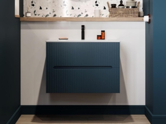 Vente-unique - Waschbeckenunterschrank hängend - 80 cm - Blau gerippt - PAVANI
