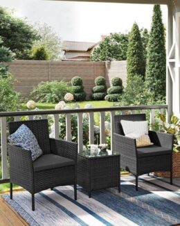 SONGMICS Balkonmöbel, Gartenmöbel-Set, aus PE-Polyrattan, Lounge-Set, Tisch und 2 Stühle, Terrassenmöbel, Outdoor, für Terrasse, Balkon, Garten, schwarz-grau GGF003B02