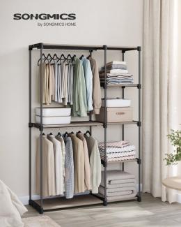 SONGMICS Kleiderschrank, Kleiderständer, freistehende Garderobe, mit Kleiderstangen, Garderobenständer, Stoffablagen, Metallrahmen, 182 x 43 x 182 cm, Taupe RYGDE037R02