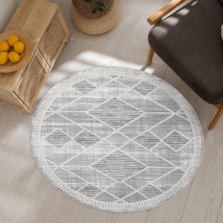 Teppich Rund Kurzflor Grau 160x160cm Meliert, Raute-Muster mit Hoch-Tief-Effekt, 3D Effekt, Weich