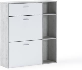 Skraut Home – Schuhschrank – 102 x 90 x 26 cm – Kapazität für 12 Paar Schuhe – 2 Flügeltüren + 1 Schublade – Windmodell – Zement/weißes Finish