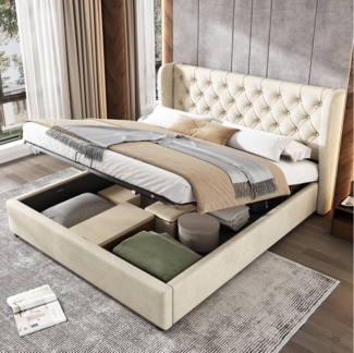 HAUSS SPOLE Polsterbett 140x200 cm Ohrenform Große Knopfnähte mit Stauraum, Samt, Beige