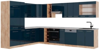 Eckküche Fame-Line Dunkelblau Hochglanz/Goldkraft Eiche 347 x 60 cm , AP Marmor Vicco