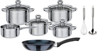 GSW Topf-Set Silver Star, Edelstahl (Set, 12-tlg, 1 je Braten- u. Fleischtopf 16/20cm, 1 Kasserolle 16cm, 1 Pfanne 20cm), Edelstahl rostfrei, Induktion