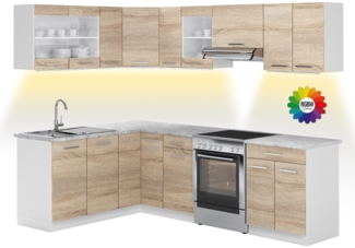 Eckküche Rick Weiß/Sonoma 247 x 60 cm , AP Marmor mit LED-Leisten Vicco