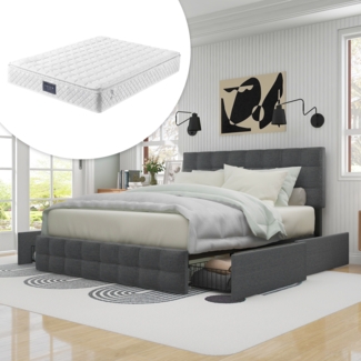 Polsterbett 140x200 cm mit 4 Schubladen, höhenverstellbares Kopfteil, Leinenstoff, Stauraum, Stahl-Lattenrost, Grau,inklusive Matratze