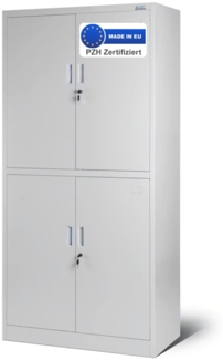 Metallschrank abschließbar DOPLO - 4 Flügeltüren, 4 Ebenen | Mehrzweckschrank Aktenschrank Büroschrank aus Stahl Werkstatt Werkzeugschrank, 185x90x40cm Grau