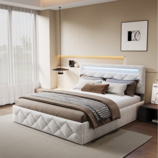 PXloue Stauraumbett Polsterbett mit Stauraum (Hochklappbares Bett 140x200 cm (Stimmungsvolles LED-Lichtband), Cremeweiß, mit stabilem Lattenrost & gepolstertem Kopfteil