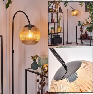 hofstein Stehlampe Stehlampe Metall/Riffelglas in Schwarz/Chrom/Bernstein im Retro-Design, verstellbare Stehleuchte mit Glasschirmen (25cm) u. Fußschalter, E27