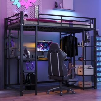 Flieks Hochbett Kinderbett Metallbett 90x200 cm mit Tisch und Stauraum