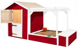 WEKA Tabaluga Spielplatz, rot/weiss, 21 mm, bestehend aus Drachenhöhle, Sandkasten, Pergola und Schatztruhe mit Deckel