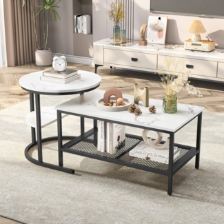 PXloue Couchtisch Satztisch Beistelltisch stapelbarer Sofatisch, mit Bodenschutz (Ideal für Wohnzimmer & Büro, Platzsparendes stapelbares Design), Marmormuster Beistelltisch mit Ablageboden,80 x 46 x 41 cm+Ø52x51 cm