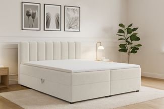 Deine Möbel 24 Boxspringbett VANESSA mit Bettkasten & Topper, Bouclé Stoff Quelle (Größe: 140x200 160x200 180x200 200x200, 1-St, Polsterbett in Weiß, Creme, Hellgrau, Grau, Schwarz), Komfortbett mit Matratzen H3/H4, gepolstertes Kopfteil, Boxbett