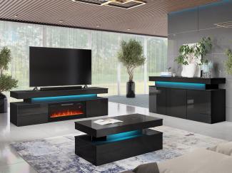 MIRJAN24 Wohnzimmer-Set Glossa II, (3er-Set, Kommode, TV-Lowboard mit Kamin, Couchtisch), mit blauer LED-Beleuchtung