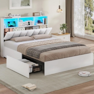 MSMASK Polsterbett Jugendbett, 140×200 cm mit Ladestation und LED-Beleuchtung (Ohne Matratze), Doppelbett mit 4 Schubladen