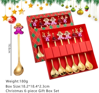 Coonoor Geschirr-Set 6 Stück Weihnachtslöffel Weihnachten Edelstahl Dessert Kaffeelöffel, Mit Weihnachtsbaum, Rentier, Weihnachtsmann und Lebkuchen dekoriert