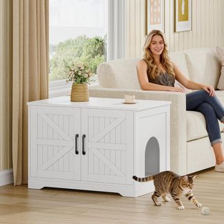 Katzenklo Schrank, Katzenklo Versteckt Schrank Möbel, Katzenhaus Holz, Katzenschrank Beistelltisch mit Seiteneingang, Bauernhausstil, für Wohnzimmer, 80 x 50 x 55 cm, Weiß