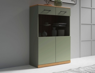Home affaire Highboard Ribe,125cm hoch,87cm breit,4 breite Fächer, Oberplatte Eiche massiv,dunkles Glas, schwarze Metall Griffe