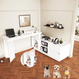 Merax 120cm Eckschreibtisch mit integriertem Tierhaus, L-förmig oder einteilig, flexible Montage, Eckschreibtisch für Home Office mit XL-Tierhöhle, weiß