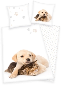 Herding Kinderbettwäsche Bettwäsche Set Hund und Katze Bettwäsche 2 tlg. 135 x 200cm