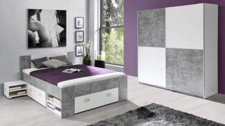 Jugendzimmer WINBOB Bett und Kleiderschrank Weiß / Beton Optik, Forte