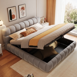 Merax Polsterbett 140x200 cm, Doppelbett, Kopfteil und Bettseiten mit voluminöser, Ausgestattet mit hydraulischer Staufunktion, Samtstoff, Grau (Ohne Matratze)