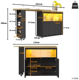 Ulife Esstisch ausziehbarer Bartisch mit Stauraum, 135-205×39×100cm (1-St), Teleskopischer Bartisch mit LED & Kücheninsel