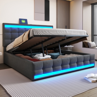 Merax Polsterbett Doppelbett 180x200cm mit 2 USB, Boxspringbett mit Stauraum und Lattenrost, mit Led, Funktionsbett, Leinen, Grau