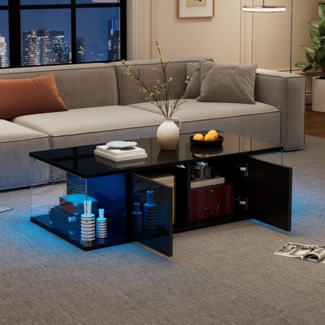 Couchtisch mit LED-Beleuchtung in Schwarz Hochglanz – Wohnzimmer Tisch mit 2 Schränken,Stauraum