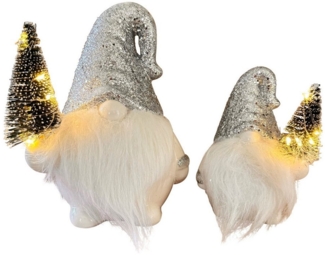 Online-Fuchs LED Dekofigur 2er Set süße Weihnachtswichtel mit kleinen Weihnachtsbaum, mit LED-Lichterkette, Warmweiß, 6-Stunden Timerfunktion - Weihnachtsdeko