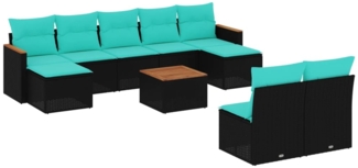 vidaXL 10-teiliges Gartensofa-Set mit Kissen, schwarzes Polyrattan 3226379