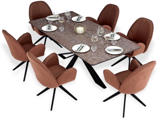 Esstisch mit 6 Stühlen Set Essgruppe Polsterstühle Drehbar Bouclé Leder Braun Esszimmertisch 200x100 cm Metall Schwarz
